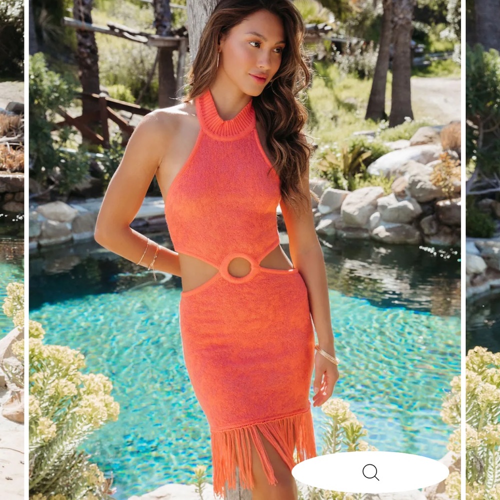 Vici Lush Miami Bound Salmon Knit Halter Fringe Hem Mini Dress New